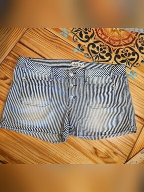 lei Navy and White Railroad striproad Striped Denim Shorts